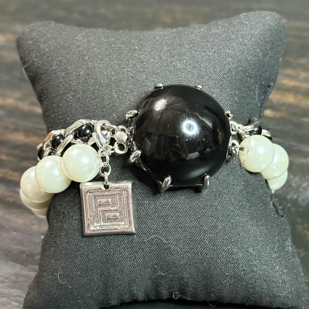 Silver  Tone Black Beads & Glass Pearls  Bracelet  Approx 16” By Pertegaz